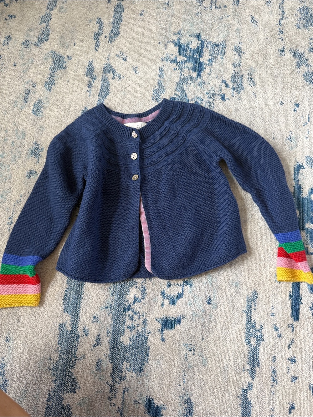 Mini Boden Navy Knit Cardigan with Rainbow Stripe Cuffs